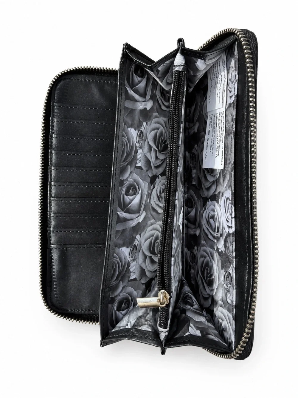 Adrienne Vittadini Black Velvet Zip Wallet with Metal Logo